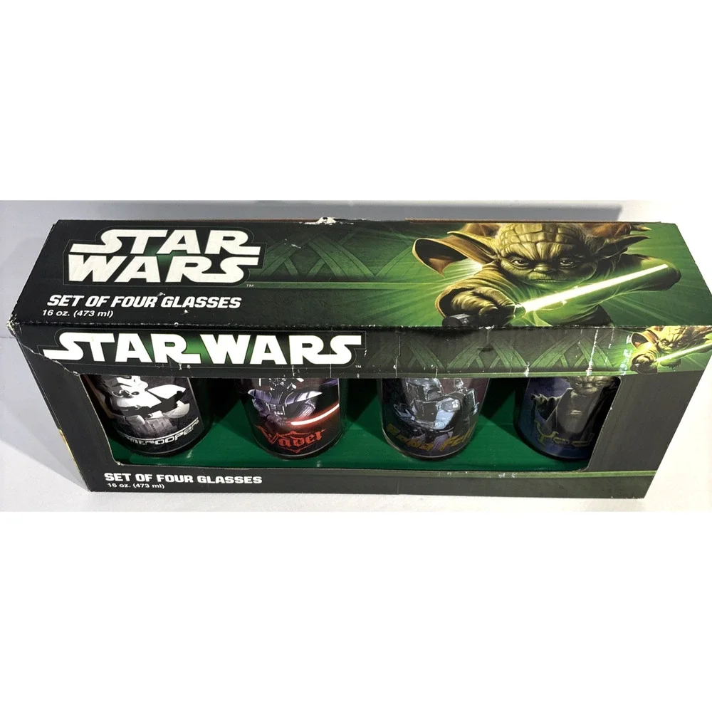 Star Wars 4 Piece Glassware Set Darth Vader Boba Fett Yoda Storm Trooper NIB